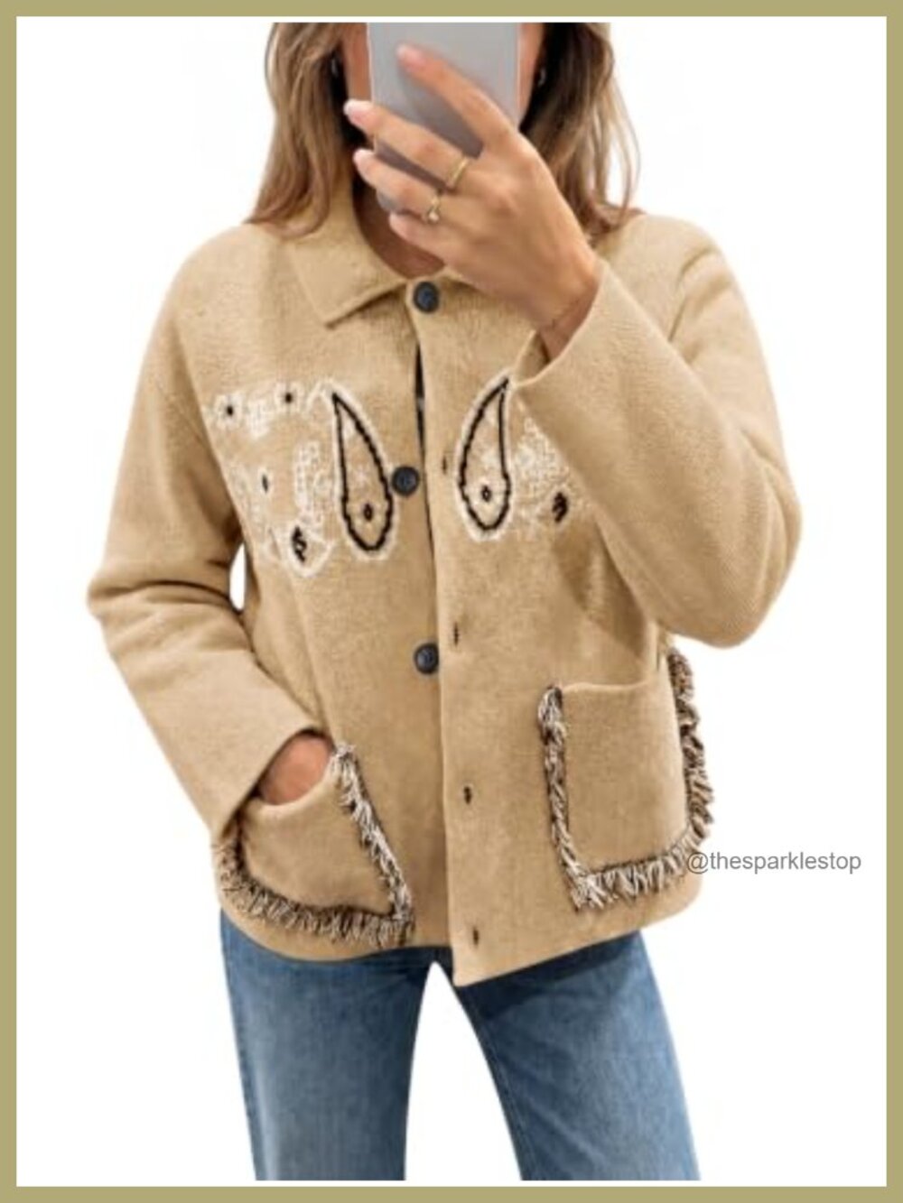 Womens Boho Fringe Paisley Cardigan Sweater with Pockets Button Down